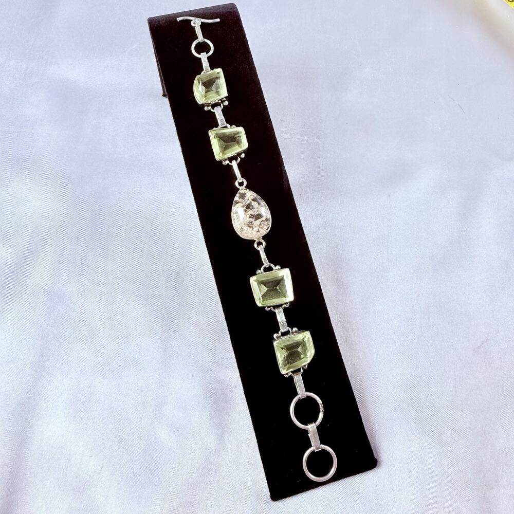 925 Sterling Silver Green Quartz Prasiolite Rutilated Quartz Bracelet 8” Raw VTG